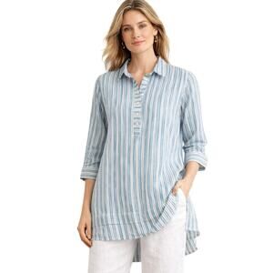 J Jill Love Linen Striped Tunic Top Blue White Hi Low Small Tall 100%